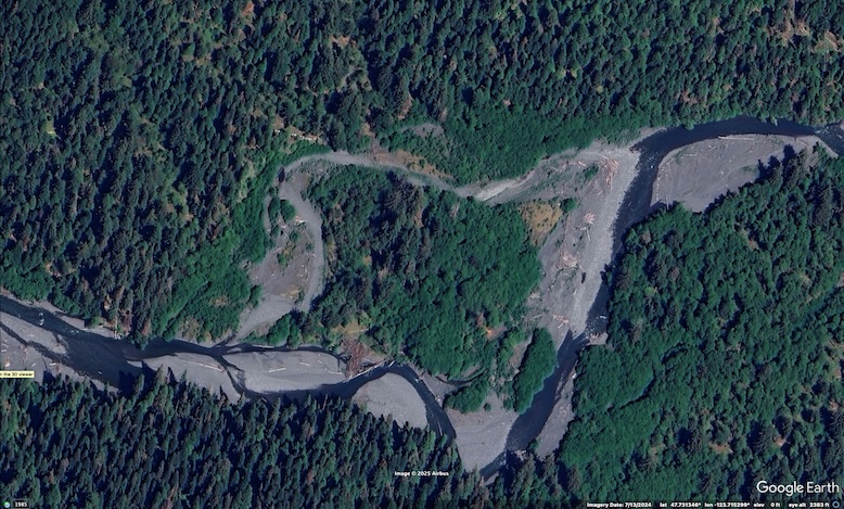 Aerial photograph showing a braided river and an old-growth conifer forest