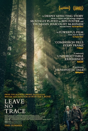 Movie poster for the film Leave No Trace featuring a man and woman walking through a misty conifer forest
