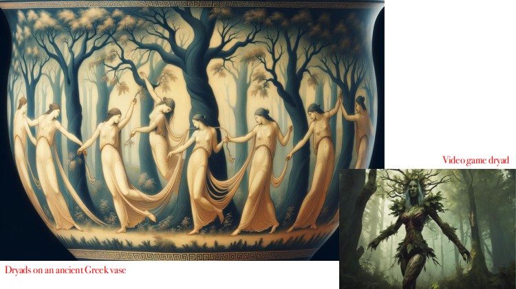 Photo of dancing women depicted on an ancient Greek vase, and photo of a dryad in a modern video game