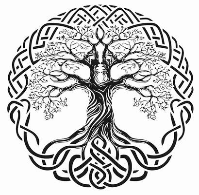 Graphic showing a skeletal tree whose branches and roots intertwine to form a complex circular knot that surrounds the tree