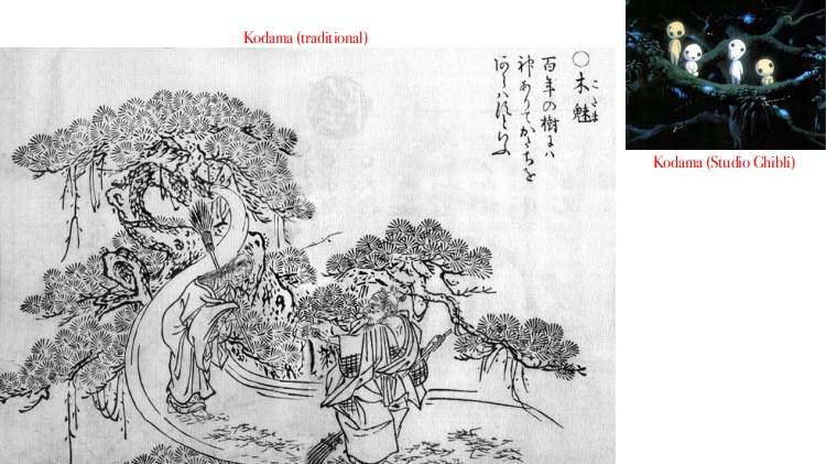 Monochrome woodblock print of a gnerled pine tree inhabited by an old woman, and a screenshot from the animated film Princess Mononoke showing small people composed of two or three irregular white shapes resembling rocks
