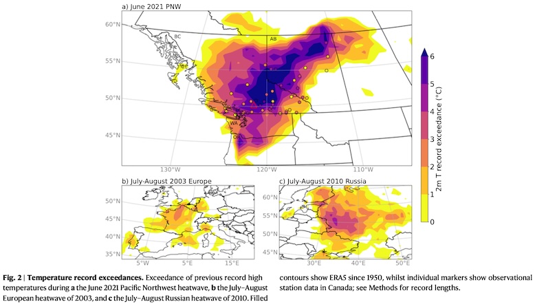 maps showing severity of heat waves affecting Europe in 2003, Russia in 2010, and the Pacific Northwest in 2021