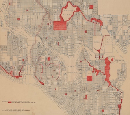 1922 map showing the Olmstead parks system proposal for Seattle